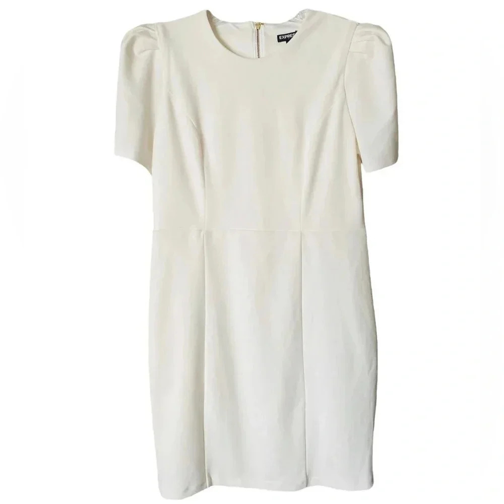 EXPRESS | Retro Puff Sleeves with Pleats Ivory Sheath Silhouette Dress Size L